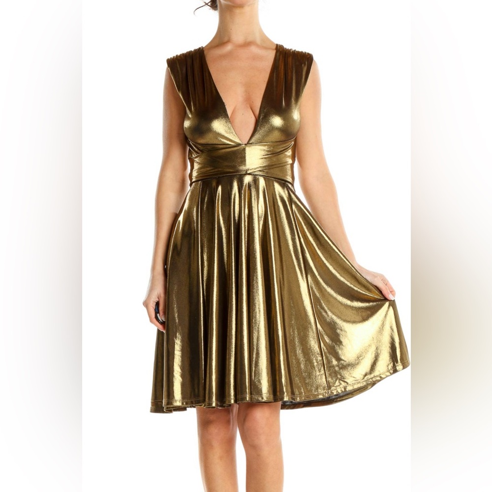 Halston Gold Plunge Neck Shimmery Cocktail Dress